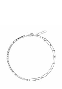 Srebrna bransoletka z designem łańcucha, naprzemiennie z kryształami o kwadratowym szlifie i zapięciem typu homar; zawiera regulowaną przedłużkę łańcucha.