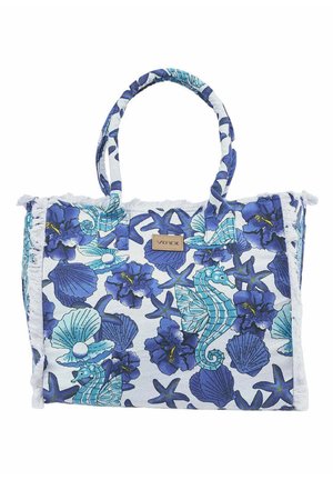 Borsa tote con motivo marino blu e turchese con cavallucci marini, stelle marine, conchiglie e fiori, con manici in tessuto ed etichetta "Verde".