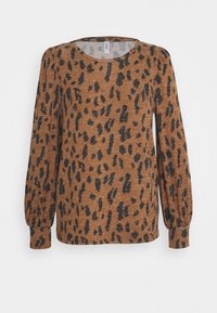 Braunes Langarmoberteil mit schwarzem Leopardenmuster. Mit Rundhalsausschnitt und gerüschten Ärmeln. Hergestellt aus weichem, strukturiertem Stoff.