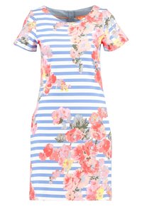 Floral dress featuring a blue and white striped pattern, short sleeves, and vibrant pink and orange flower accents. Made of lightweight fabric.
