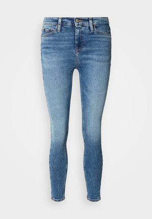 Blugi skinny din denim albastru deschis, având un finisaj decolorat, design cu cinci buzunare, fermoar și închidere cu buton metalic. Fără uzură vizibilă.