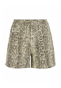 Shorts in een beige en bruine slangenprint, met een hoge taille, twee voorkruiszakken en een knoopsluiting. Gemaakt van textuurstof.