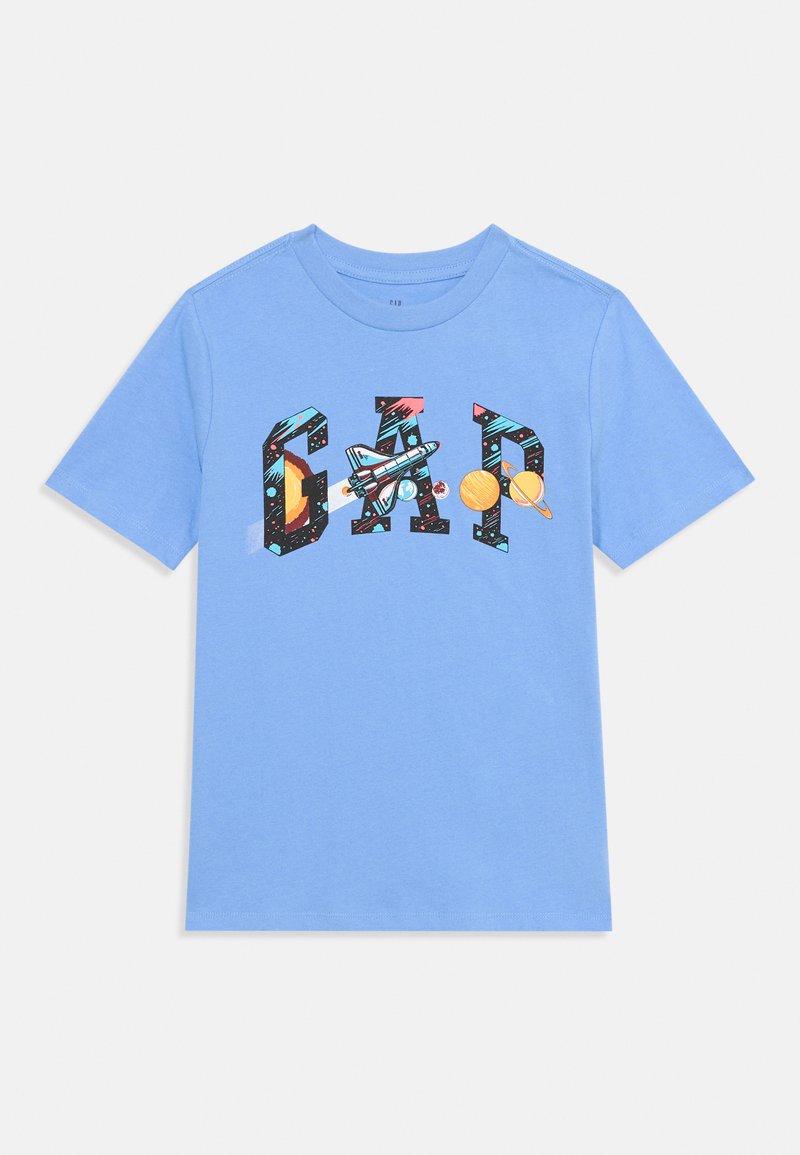 Light blue cotton t-shirt featuring a colorful “GAP” graphic with a rocket and planets. Short sleeves and standard fit design.