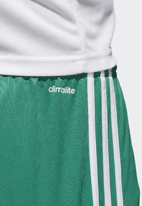 Pantaloni sportivi verdi realizzati in materiale traspirante, con una vita bianca e tre strisce bianche verticali sui lati. Logo "climalite" incluso.