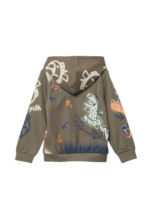 Olijfgroene hoodie met grafische ontwerpen, waaronder een dinosaur op een skateboard en abstracte pijlen. Zachte stof, geribbelde manchetten.