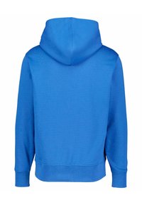 Felpa blu con cappuccio, tessuto morbido, tasca a marsupio, polsini e orlo a costine, con un grande cappuccio e una superficie liscia.