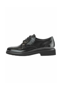 Chaussure habillée en cuir noir avec une finition brillante, dotée de détails perforés, de lacets et d'une semelle en caoutchouc plate.