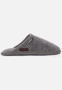 Gray wool slipper with a soft texture, rounded shape, and a curved collar. Features a black label "Giesswein" and a rubber sole for grip.