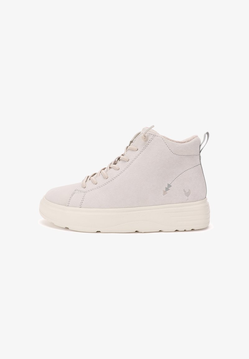 Hochtop-Sneakers aus hellgrauem Wildleder mit strukturiertem Finish. Merkmale sind tonale Schnürsenkel, eine gepolsterte Sohle und dezente dekorative Akzente.