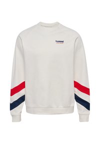 Hvid hummel sportswear sweatshirt med røde, hvide og marineblå Chevron-striber på ærmerne og lille logo på venstre bryst.