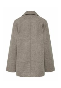 Manteau gris en mélange de laine, coupe droite, manches longues et col cranté, vu de dos.