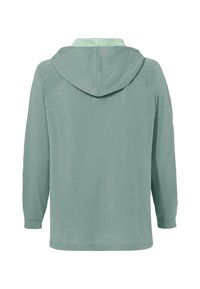 Helle tealfarbene Langarm-Hoodie aus weichem Stoff. Verfügt über eine Kapuze, Raglanärmel und eine glatte Textur mit einem minimalistischen Design.