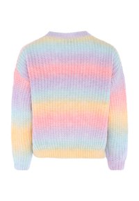Maglione a righe orizzontali in rosa, lavanda, giallo e blu con un fit morbido e un design pastello arcobaleno. Maniche con bordo a costine texturizzato.