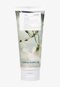 Tubetto di Latte per il Corpo Korres al Gelsomino, 200ml, caratterizzato da un design floreale morbido in bianco e verde, materiale plastico e un tappo a ribalta per il dosaggio.