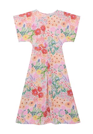 Kukkamekkoinen, jossa on vaaleanpunainen tausta ja monia värikkäitä kukkia, lyhyet hihat, rento istuvuus ja polvipituinen muotoilu.