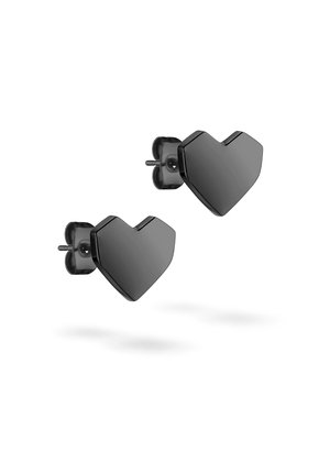 Black heart-shaped stud earrings with a glossy finish, featuring a smooth surface and minimalistic design. Metal post backing.