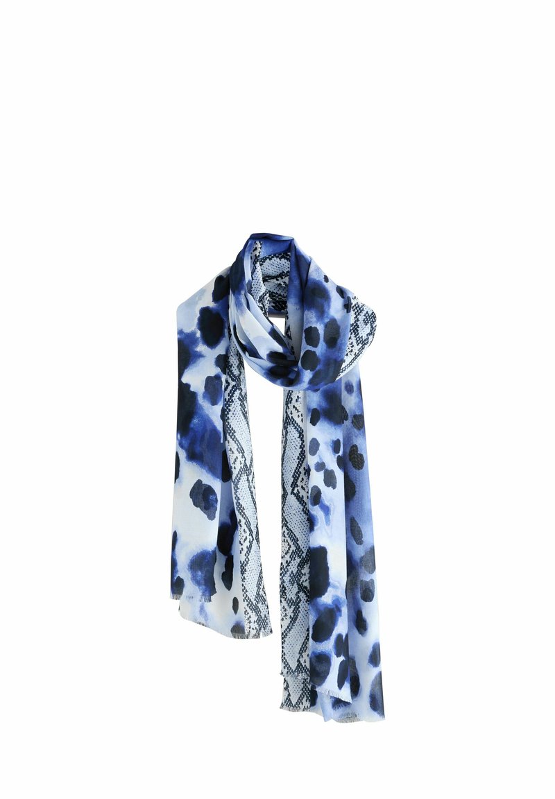Écharpe bleu et blanc à motifs présentant des formes abstraites et un design de peau de serpent sur un bord, fabriquée en tissu léger.
