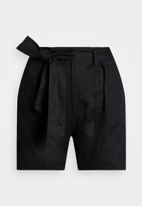Dark navy linen shorts featuring a high waist, front pleats, and a matching tie belt. The fabric has a smooth texture with minimal stitching details.