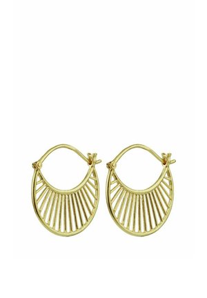 Boucles d'oreilles créoles en ton or avec des barres verticales espacées uniformément, s'évasant du centre inférieur vers les côtés.