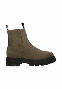 Mittelhohe braune Wildleder-Chelsea-Stiefel mit schwarzer, robuster Sohle, elastischen Seitenteilen und Zugschlaufen vorne und hinten.