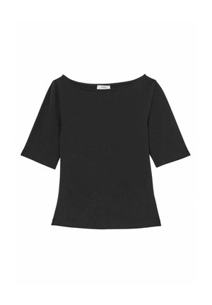 Top nero ampio con scollo a barca ampio e maniche corte, realizzato in morbido cotone. Texture liscia, design minimalista.