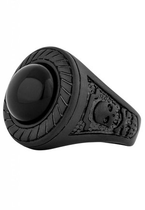 Black ring with a smooth, glossy black stone centerpiece. Intricate carved detailing features a skull motif on the band.