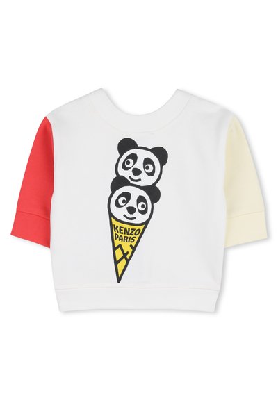 Felpa bianca per bambino con manica sinistra rossa, manica destra crema e grafica di due volti di panda sovrapposti in un cono gelato giallo con la scritta "Kenzo Paris".