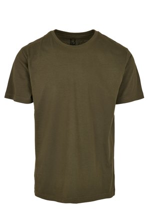 Olive green cotton t-shirt with short sleeves, crew neck, and a plain, smooth texture. No patterns or visible hardware details.