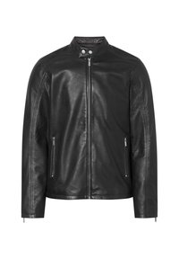 Veste en cuir noir avec col montant, fermeture éclair à l'avant, deux poches zippées sur les côtés et un piquage sur les épaules. Texture douce.