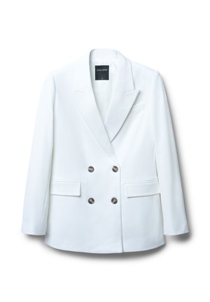 Blazer bianco doppiopetto realizzato in tessuto liscio, con revers a punta, due tasche frontali e bottoni metallici.