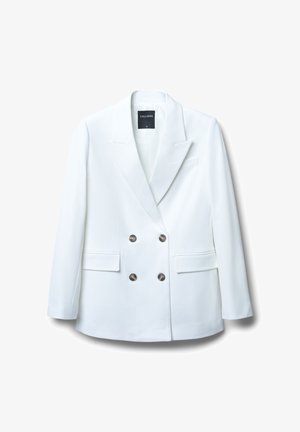 Blazer blanc à double boutonnage en tissu lisse, doté d'un col cranté, de deux poches avant et de boutons métalliques.