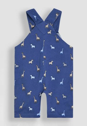 Sinise puuvillane kombinesoon lo animalprintiga, millel on heledates toonides kaelkirjakud ja sebrasid. Ristatud õlapaelad ja lühikesed jalad.