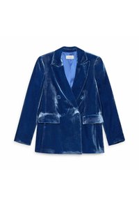 Blazer doppiopetto in velluto blu intenso. Presenta un rever a lancia, due tasche frontali e una fodera interna di colore azzurro a contrasto.