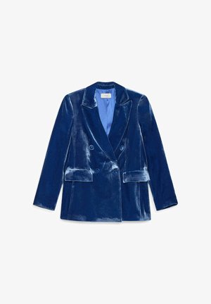 Doppelreihiger Blazer aus samtigem, kräftigem Blau. Verfügt über ein Revers mit Kerbe, zwei Vorder Taschen und ein kontrastierendes hellblaues Futter.