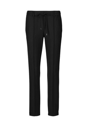 Schwarze Hose mit einem Kordelzugbund, die eine glatte Textur, eine schlanke Passform und zwei vertikale Nähte an der Vorderseite aufweist. Leichtes Material.