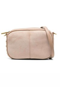 Borsa a tracolla rettangolare in suede rosa pallido con chiusura a zip, forma piatta e tracolla regolabile. Accenti in hardware color oro.