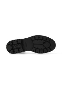Semelle en caoutchouc noir avec un motif de motif profond, arborant le logo de la marque et une surface texturée pour une meilleure adhérence. Forme arrondie, conçue pour la durabilité.
