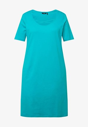 Turquoise short-sleeve dress with a round neckline and crisscross detail at the chest, made from smooth, breathable cotton fabric.