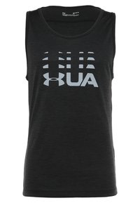 Czarny sportowy top na ramiączkach z grafiką logo w kolorze srebrnym. Wykonany z lekkiego materiału o gładkiej fakturze.