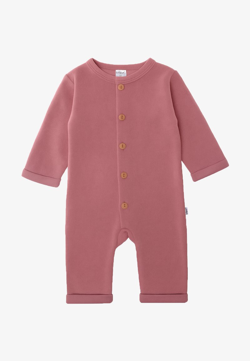 Dusty pink ribbed onesie with long sleeves, wooden buttons, and rolled cuffs. Soft texture and relaxed design suitable for infants.