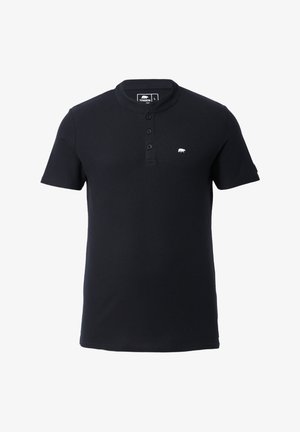 Zwarte polo met korte mouwen in ribbed katoen, met een ronde kraag, een drieknops sluiting en een klein wit berenlogo op de borst.