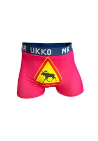 Calzoncillos boxer rosas hechos de tela elástica. Presentan una señal de advertencia amarilla con la silueta de un alce negro en la parte frontal y una cinturilla azul marino.