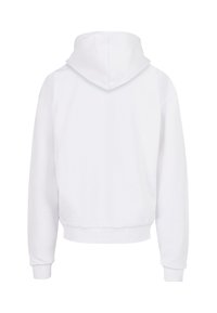 Felpa bianca corta con cappuccio regolabile, polsini e orlo a coste. Tessuto liscio con dettagli di cucitura minimi, retro semplice.