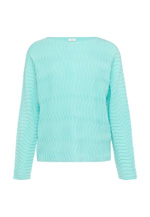 Jasnoniebieski sweter z długimi rękawami, ozdobiony falistym wzorem i dekoltem w łódkę. Wykonany z miękkiego materiału dzianinowego.