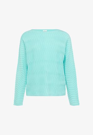 Jasnoniebieski sweter z długimi rękawami, ozdobiony falistym wzorem i dekoltem w łódkę. Wykonany z miękkiego materiału dzianinowego.