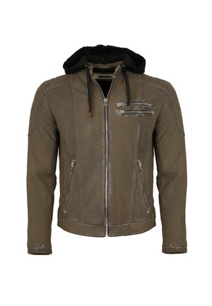 Braune Lederjacke mit schwarzer Kapuze, ausgestattet mit mehreren Reißverschlusstaschen, einem taillierten Design und sichtbaren Nähdetails.