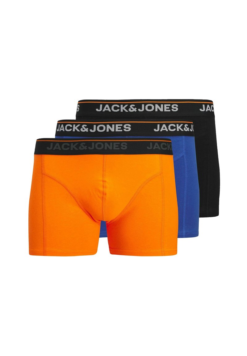Tri para moških boksaric: oranžna, modra in črna. Vsaka ima črn pas z belim napisom "JACK & JONES".