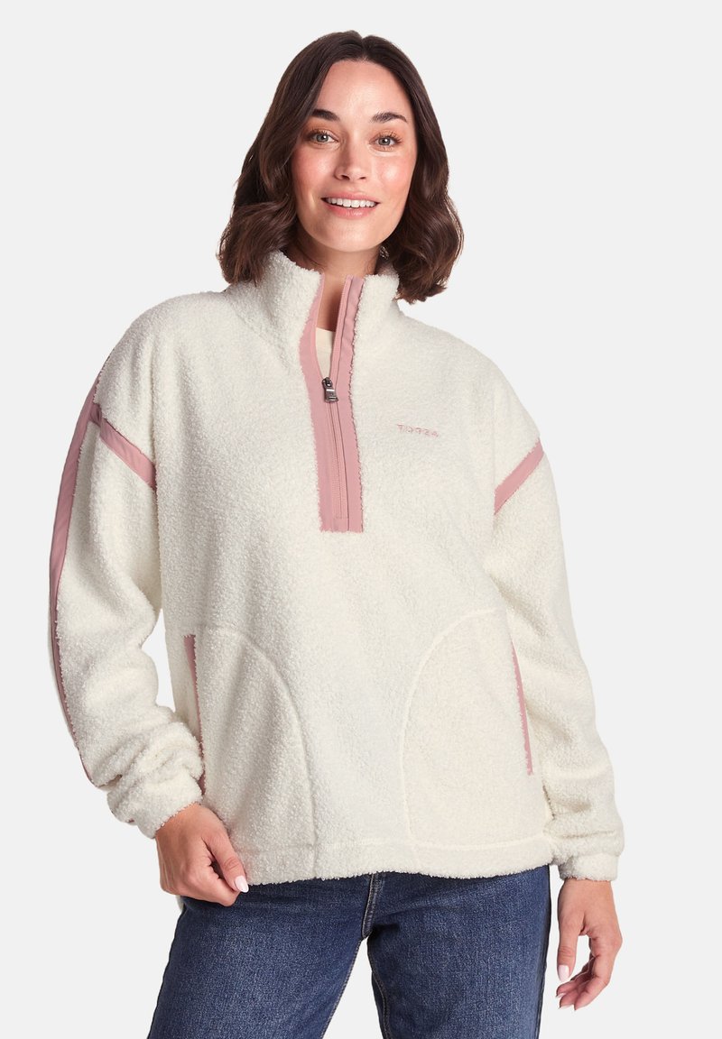 White fleece pullover with a half-zip front, pink accents, and two side pockets. Features a relaxed fit and soft texture.