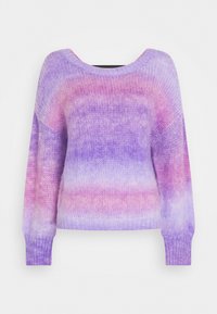 Virkat tröja med dip-dye ombre-effekt i lila och rosa nyanser, med långa ärmar och vid halsringning. Mjuk textur.