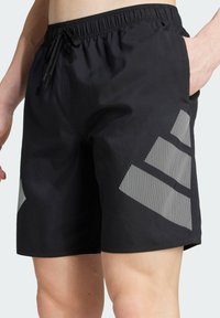 Bañador negro con cintura elástica, cordón ajustable y bolsillos laterales. Presenta un patrón de rayas diagonales en gris en una pierna.